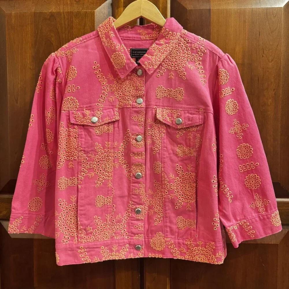 G by Giuliana Women's Black Label Puff-Sleeve Eyelet Jean Jacket Magenta Size 1X